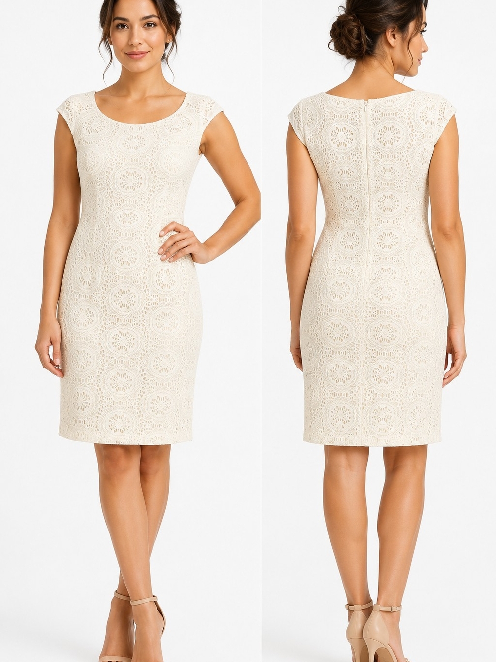 Adrianna Papell Ivory Lace Sheath Cocktail Dress Cap Sleeve Size 14 NWT